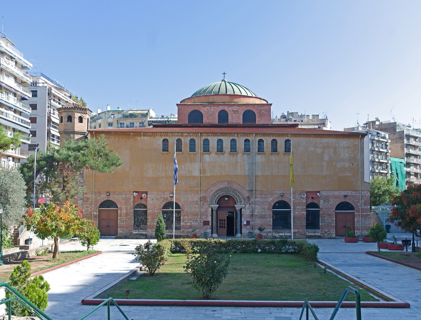 The heavy Byzantine profile of the church of Agia Sofia in Thessaloniki