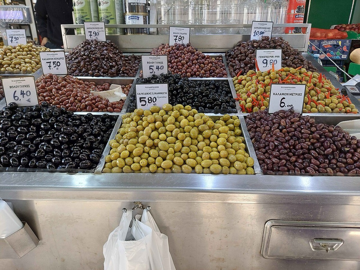 Barrels of olives at a Kapani market stall