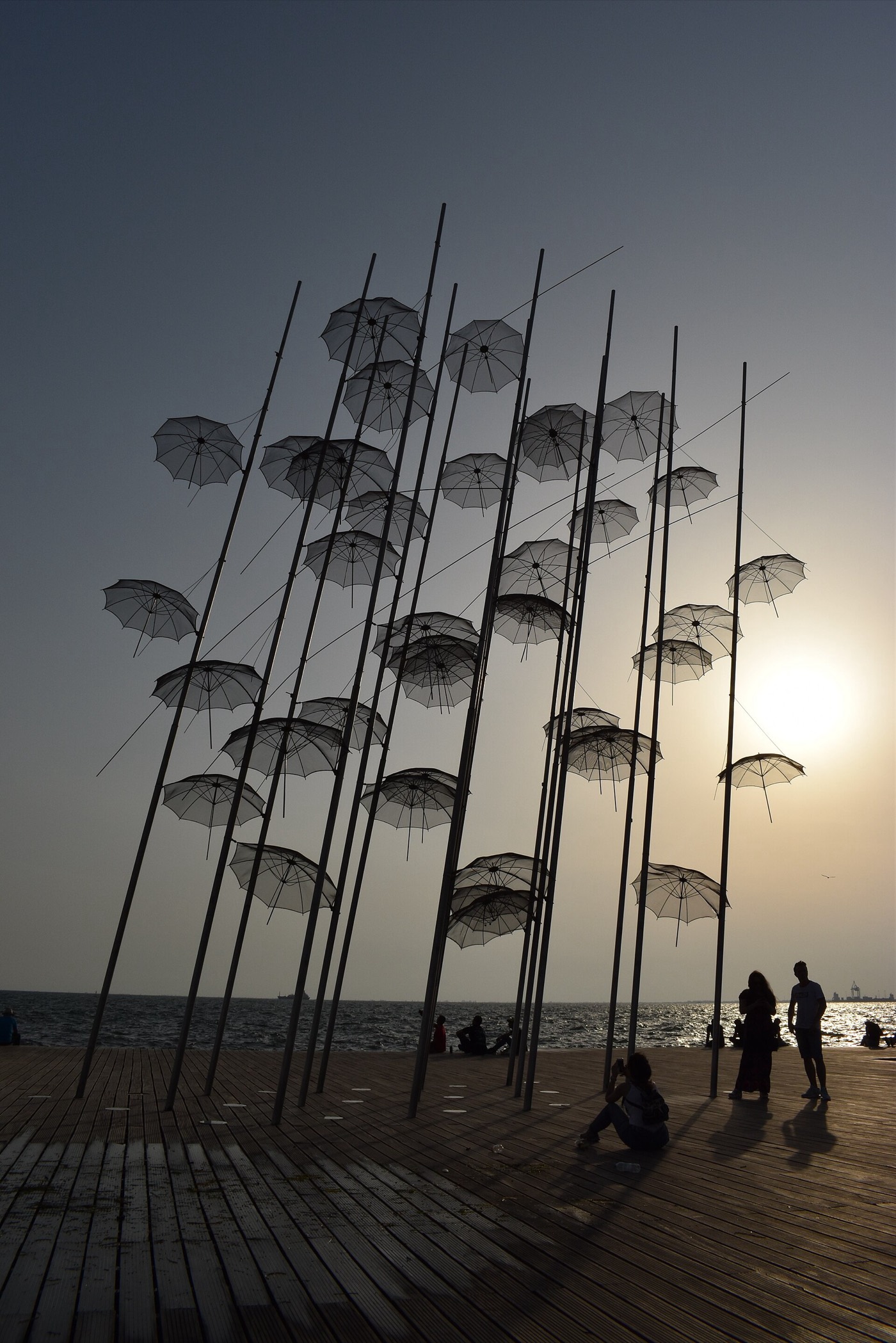 The Umbrellas sculpture at sunset